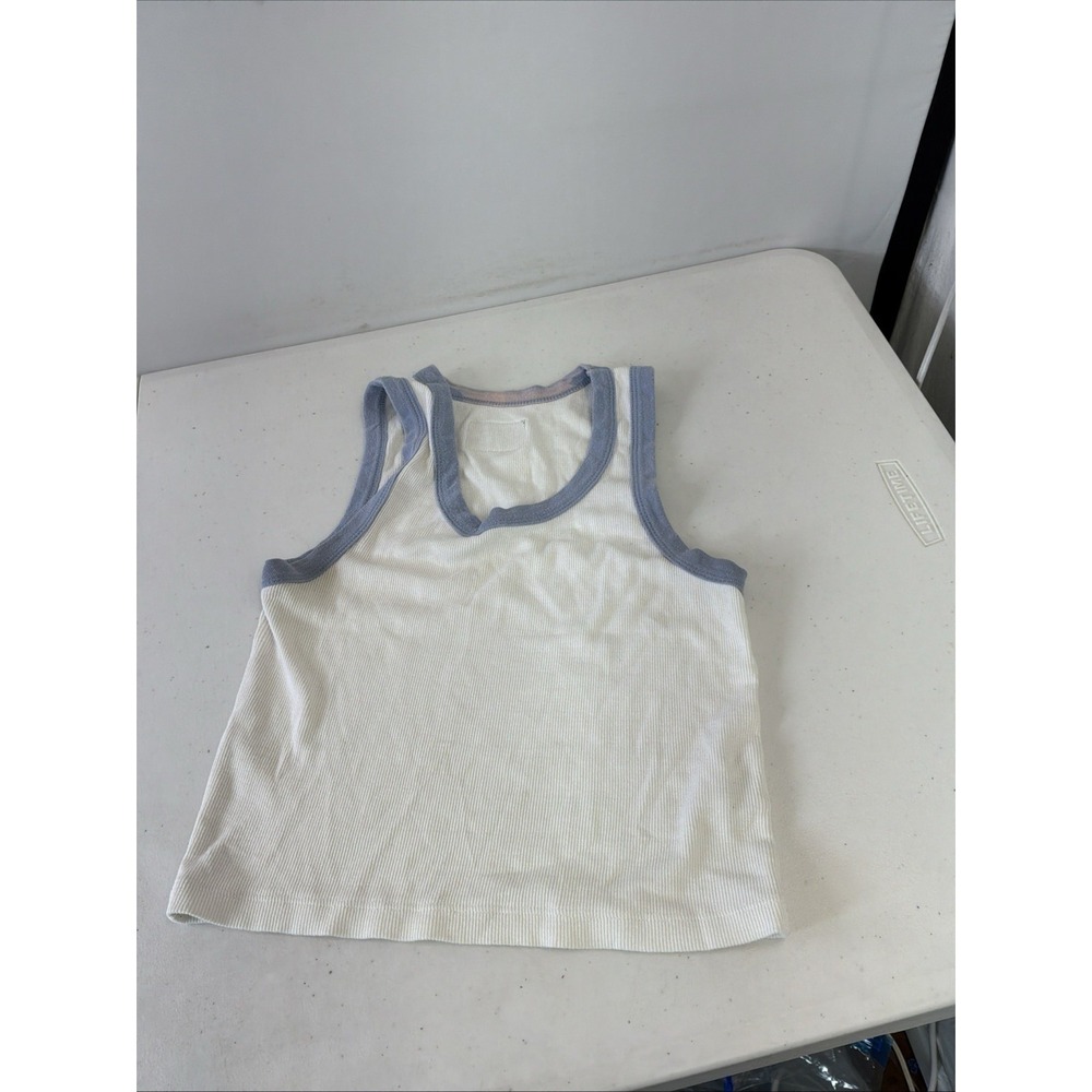 Daily Drills Logo Ribbed Tank Top Women's Size XS/S White Blue Trim Activewear